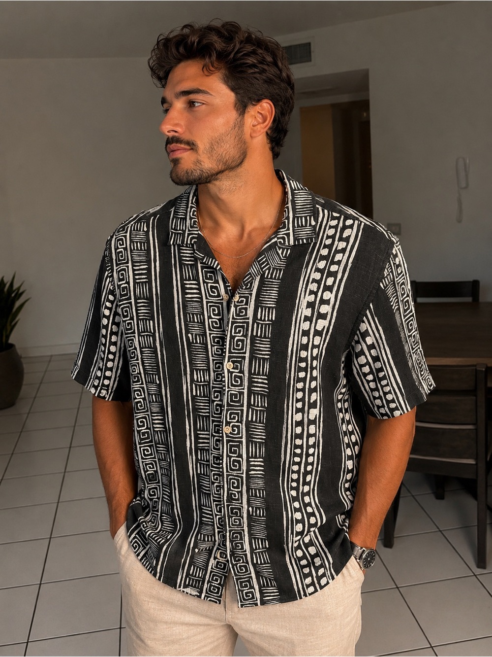 Zara Black and White Geometric Short-Sleeve Button-Down Shirt